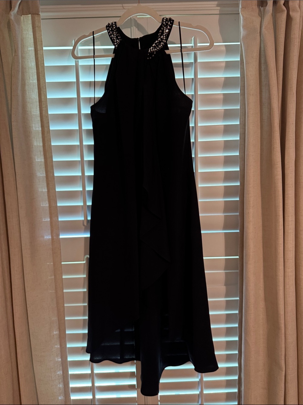 SLNY Black Beaded Halter High-Low Dress
